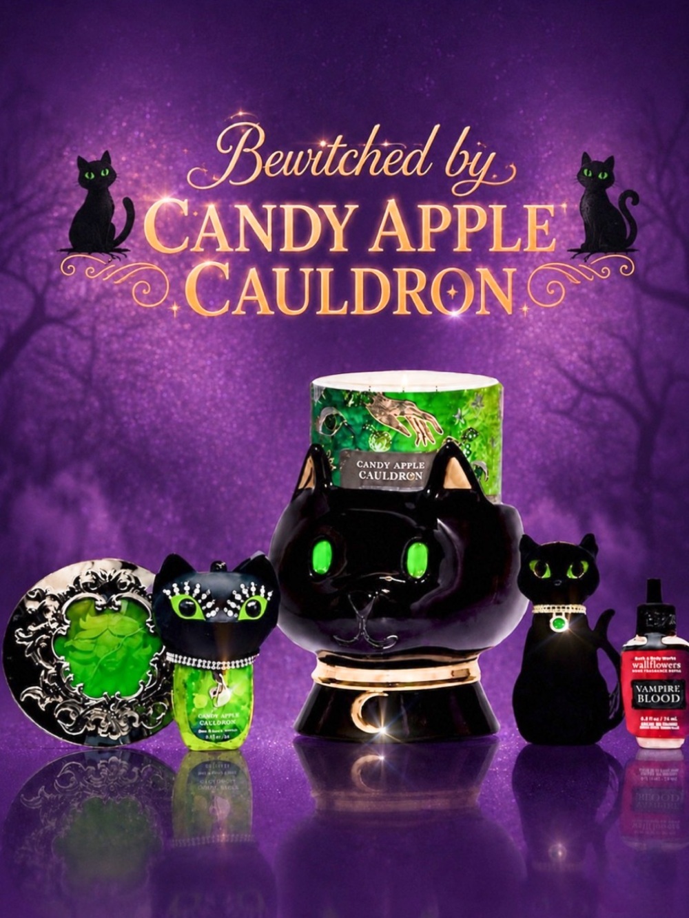 BBW Halloween 2024 Black Cat Candle Holder Candy Apple Cauldron Set